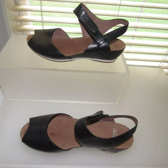 Dansko Vera Black Leather Peep-Toe Slingback Wedge Sandals Size 36 (US 5.5 - 6) - Picture 6 of 10